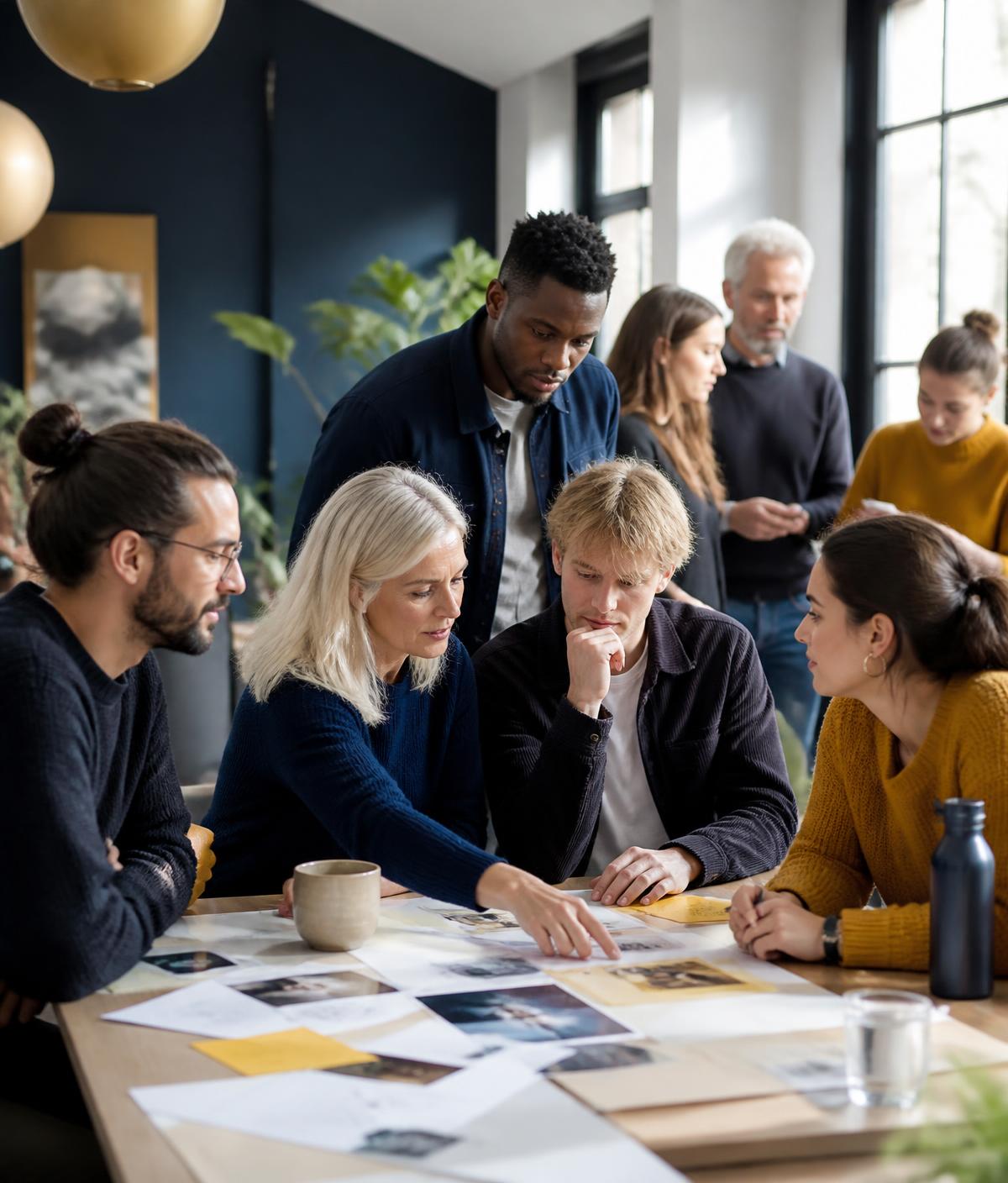 Diverse group of professionals and young people collaborating around a table
