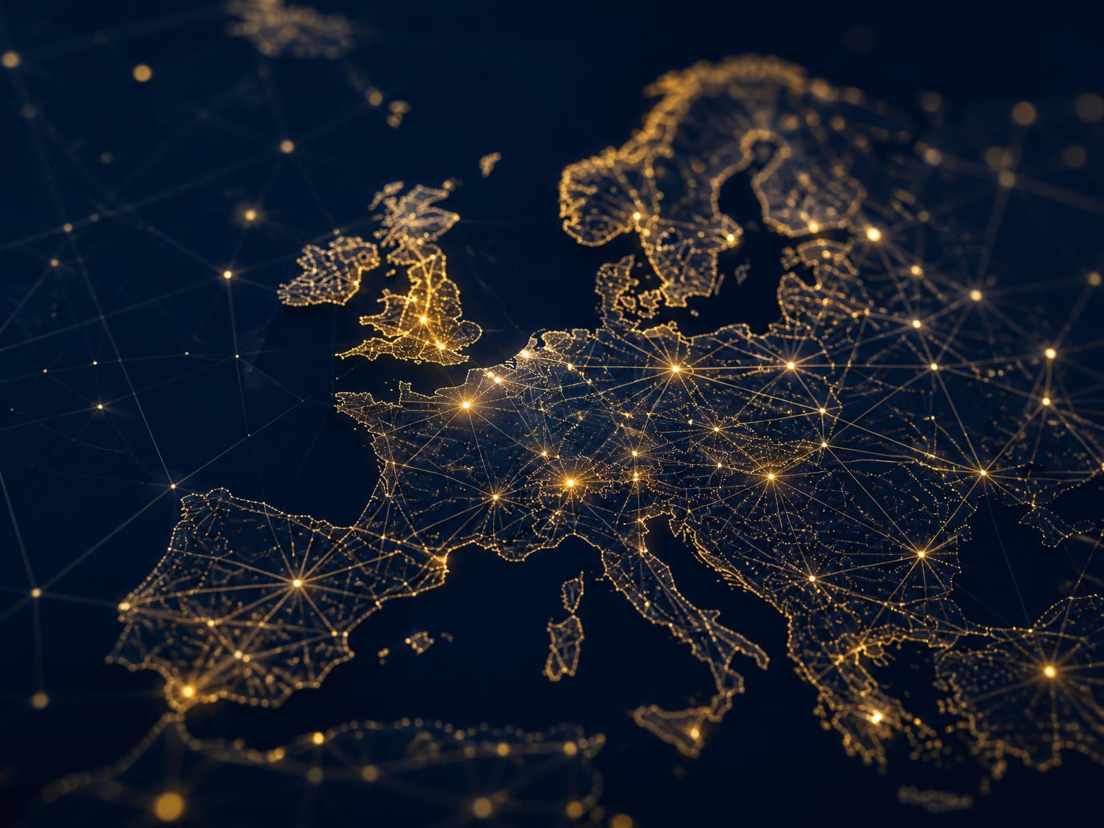 Illuminated network of nodes across Europe representing trusted collaboration